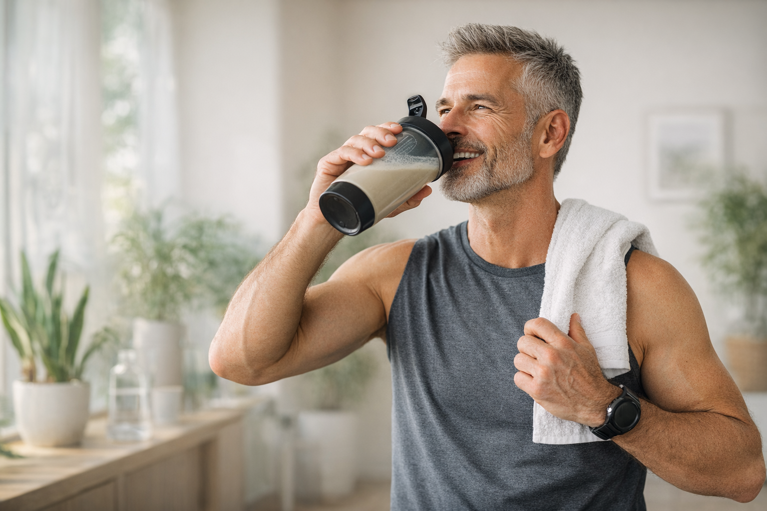 Happy mature man with gray beard drinking a shake after a workout
