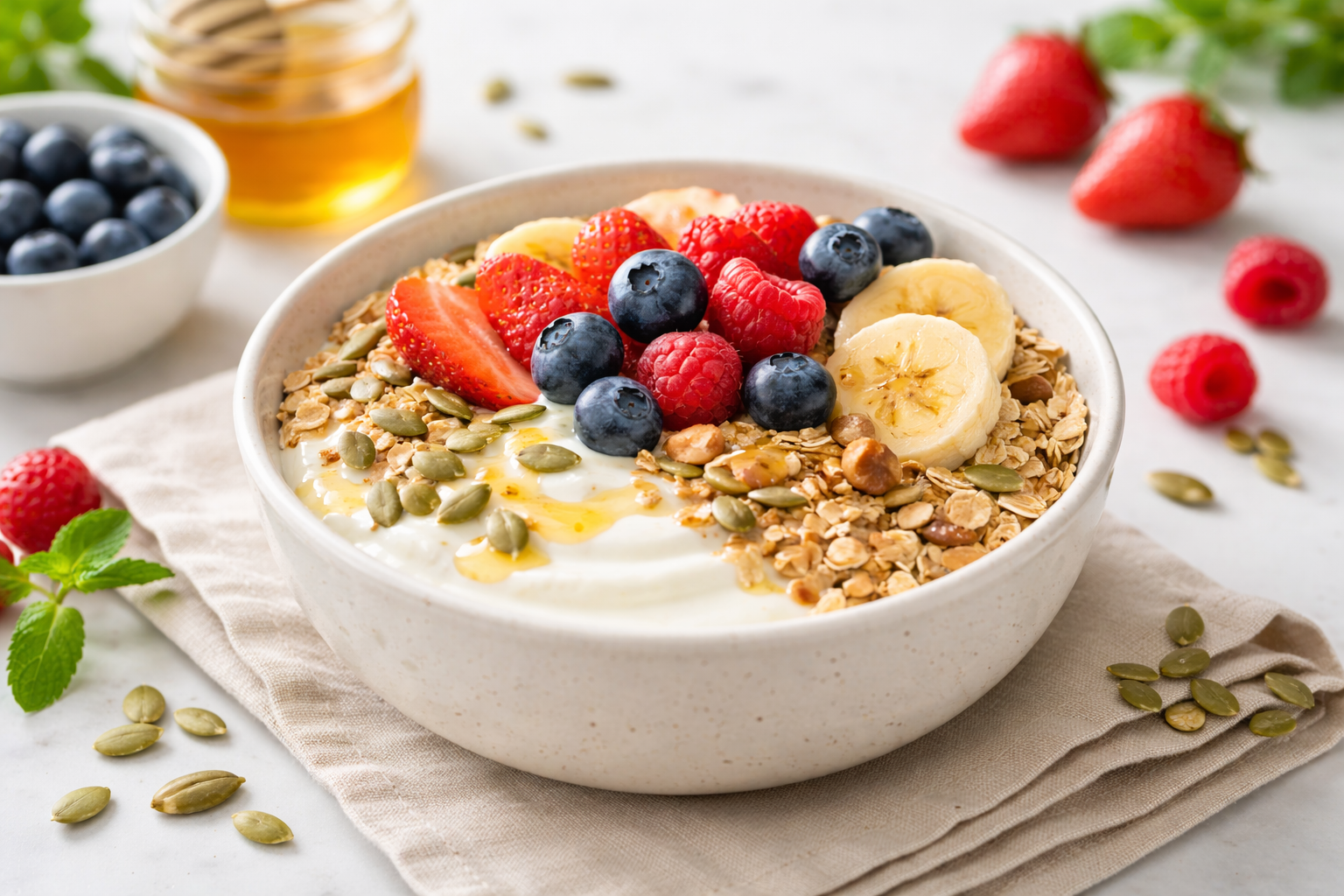 Healthy breakfast bowl with yogurt, fruit, oats, and pumpkin seeds